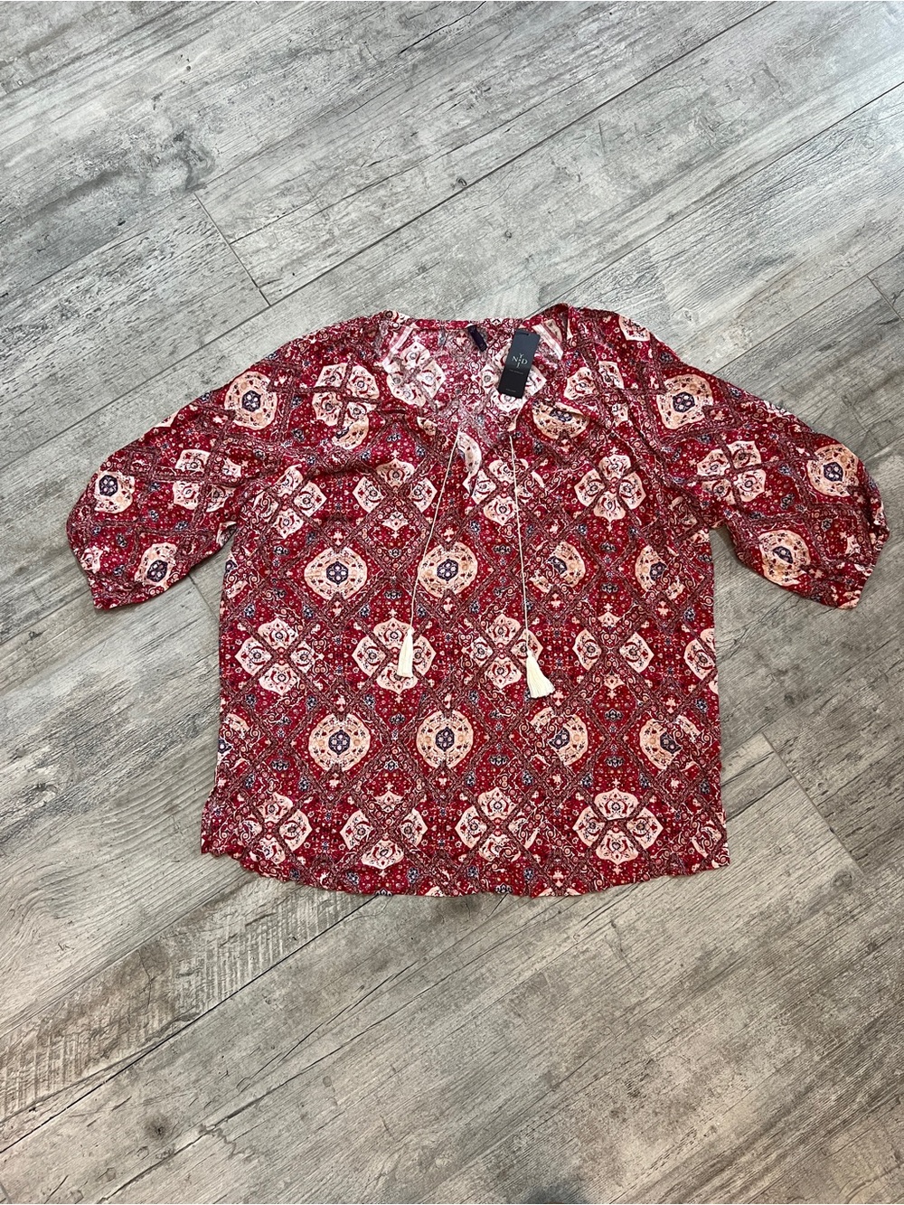NYDJ Boho Western Peasant Blouse w/ Tassel Tie Sz 1X